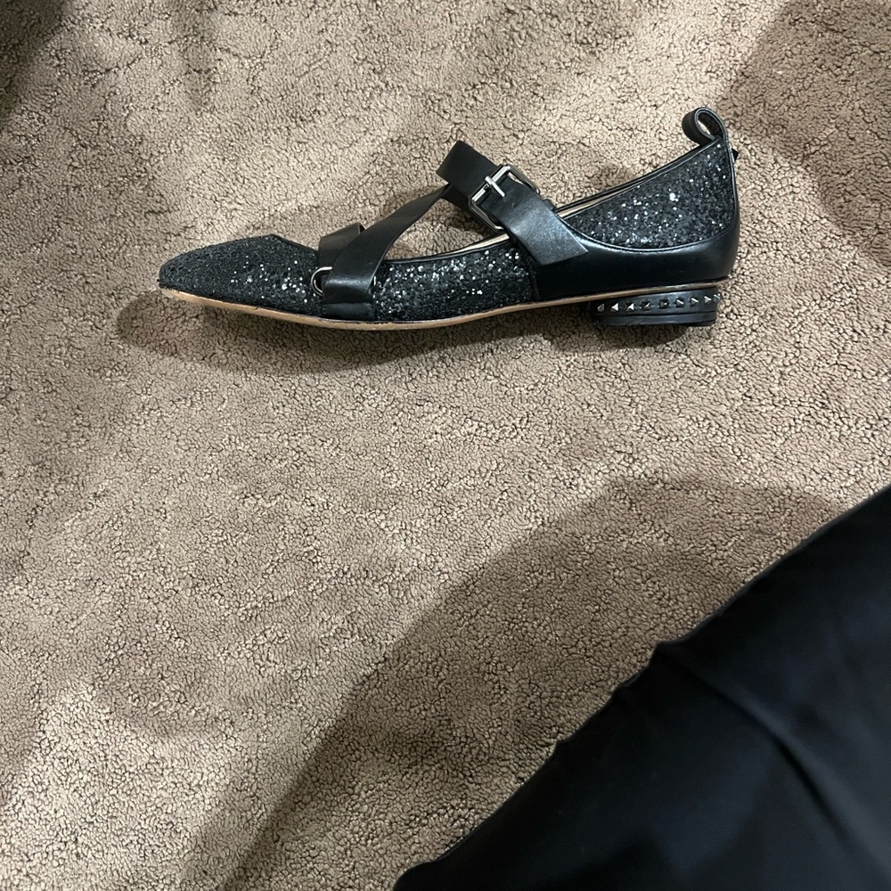 Valentino Black Glitter Pointed Mary Jane Flat with Studded Heel